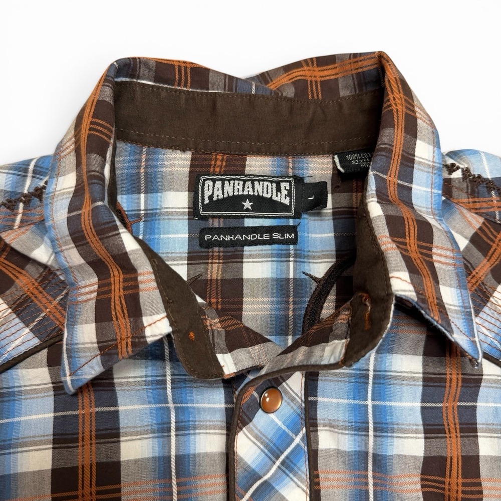 Panhandle Slim Large Shirt Western Texas Plaid Blue Brown Pearl Snaps 90 Proof - Picture 3 of 13